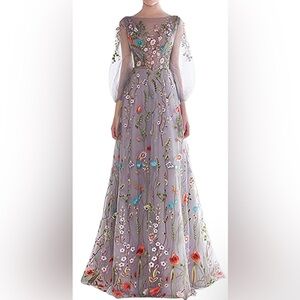 Women's Embroidered Long Sleeve Maxi
 Floral Dress